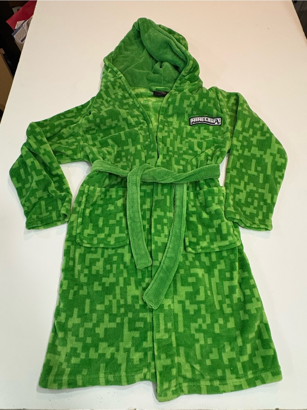 Kids Minecraft Green Hooded Robe - Plush Pajama Robe | Size 11-12
